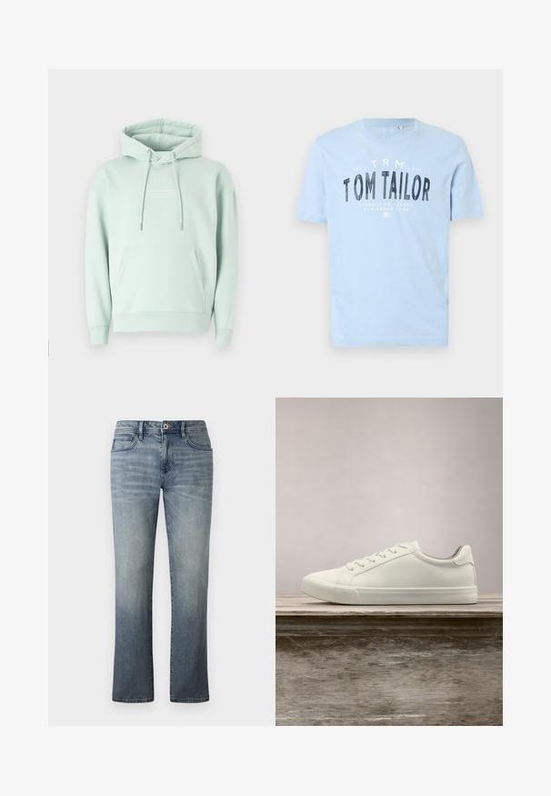 Sudadera verde menta hecha de una mezcla de algodón. Cuenta con un bolsillo canguro, capucha ajustable con cordón y puños acanalados con un logotipo en el pecho.; Camiseta de algodón azul claro con cuello redondo y mangas cortas. Tiene un texto impreso en negrita de color negro: "TOM TAILOR" y detalles adicionales de la marca.; Jeans de denim de lavado claro con un diseño de pierna recta, estilo de cinco bolsillos, cierre con botón metálico y un sutil detalle envejecido.; Zapatilla blanca con cordones flotando sobre un banco de madera con follaje verde al fondo, mostrando el diseño y la textura del zapato.