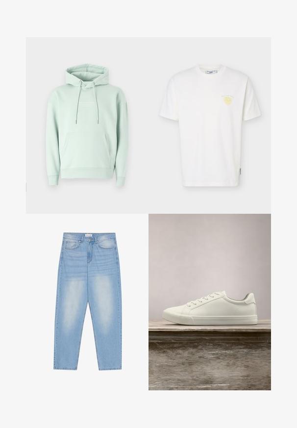Sudadera verde menta hecha de una mezcla de algodón. Cuenta con un bolsillo canguro, capucha ajustable con cordón y puños acanalados con un logotipo en el pecho.; Camiseta blanca de manga corta con cuello redondo, con un pequeño gráfico de fruta amarilla y el texto "Marc O’Polo Denim" en el pecho izquierdo.; Vaqueros de mezclilla azul claro con un corte relajado, que cuentan con cinco bolsillos, un ligero desgaste y costuras a lo largo de las costuras.; Zapatilla blanca con cordones flotando sobre un banco de madera con follaje verde al fondo, mostrando el diseño y la textura del zapato.