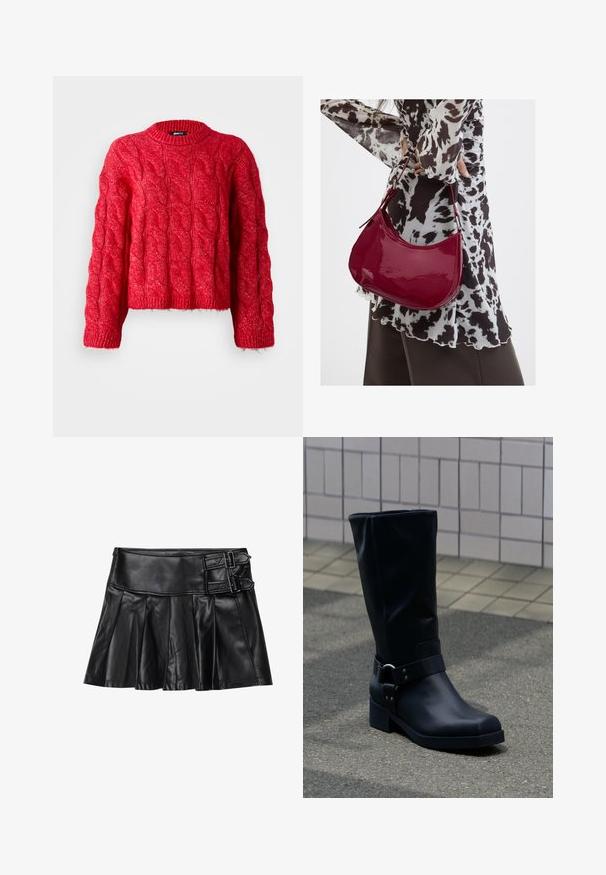 Pull en maille côtelée rouge avec un col rond, des manches longues et un design court. Le matériau semble doux, avec un motif texturé.; Jupe en cuir noir avec des plis, taille large et deux accents à boucle sur le côté. Texture lisse avec une finition brillante.; Botte en cuir noire mi-mollet avec un petit talon bloc et une bride décorative avec boucle métallique autour de la cheville, sur un trottoir carrelé.; Femme portant un chemisier à motif noir et blanc tenant un sac à main rouge brillant sur un fond uni.