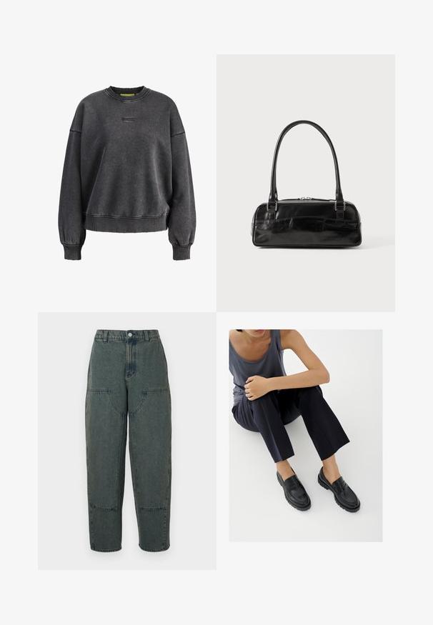 Donkergrijze oversized crewneck trui met lange mouwen, geribde manchetten en zoom, en subtiele kleine geborduurde logo op de borst.; Denim broek in donkerblauw met een relaxte pasvorm, voorzien van zijzakken en contrasterende stiksels. De stof heeft een licht vervaagde textuur.; Zwarte leren loafers met textuurelementen, lage hak, ronde neus en zichtbare stiksels. Model draagt donkere broek en een grijze top.; Zwarte leren handtas met een rechthoekige vorm, voorzien van een enkele gestructureerde handgreep, zilveren hardware en ritsluiting. Gladde textuur.