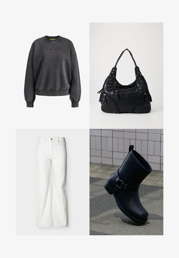 Donkergrijze oversized crewneck trui met lange mouwen, geribde manchetten en zoom, en subtiele kleine geborduurde logo op de borst.; Witte jeans met rechte pijpen en hoge taille, voorzien van een knoopsluiting aan de voorkant, rits, en zij- en achterzakken, tegen een effen lichte achtergrond.; Zwarte leren enkellaarzen met riem en metalen ringdetail, getoond op een grijze stoep met een betegelde muur op de achtergrond.; Zwarte leren handtas met dubbele handvatten, voorzakken met rits en details van metalen klinknagels, tegen een effen lichte achtergrond.