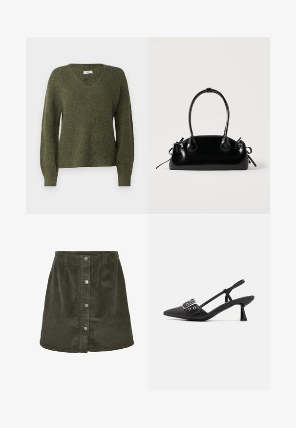 JDY JDYINGEBORG ADA LIFE V NECK - Jersey de punto - winter moss; Falda mini de pana en verde oscuro con forma de línea A, que cuenta con cinco cierres de botones plateados en la parte delantera y textura acanalada vertical.; Simmi London DALA - Tacones - black; Pequeño bolso negro brillante con dos asas largas y detalles de cordón lateral sobre un fondo claro liso.