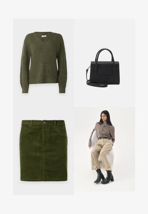 JDY JDYINGEBORG ADA LIFE V NECK - Striktrøje - winter moss; Mørkegrøn kordfløjlskørt med lige snit, som har en fem-lomme design og en metalknap lukning i taljen.; Kvinde med langt sort hår, der læner sig op ad en hvid buet stol iført en taupe bluse, beige bukser, sort bælte og sorte ankelstøvler med hæl.; Sort struktureret håndtaske lavet af læder med et topgreb, aftagelig skulderrem og detalje med frontklap. Guldhardware accenter.