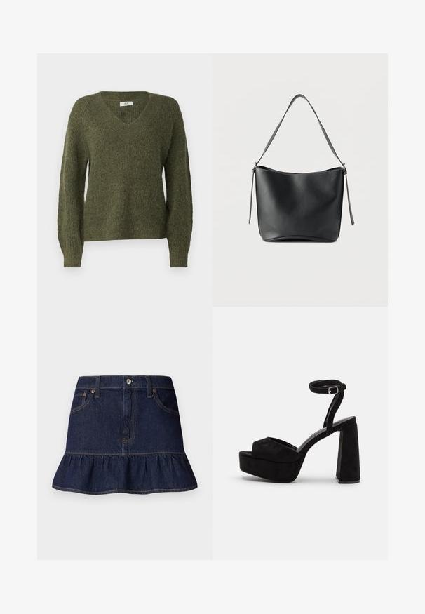 JDY JDYINGEBORG ADA LIFE V-NECK - Striktrøje - winter moss; Mørk denimnederdel med volangkant, femlommesdesign, bæltestropper og lukning med knap foran. Glat tekstur og lige snit.; Sorte platform sandaler med ruskindsstruktur, bred forstrap, ankelrem med spænde og kraftig blokhæl. Elegant og moderne design.; Sort skuldertaske i læder med en enkelt bred strop og diskrete sølvfarvede detaljer på en ensartet hvid baggrund.