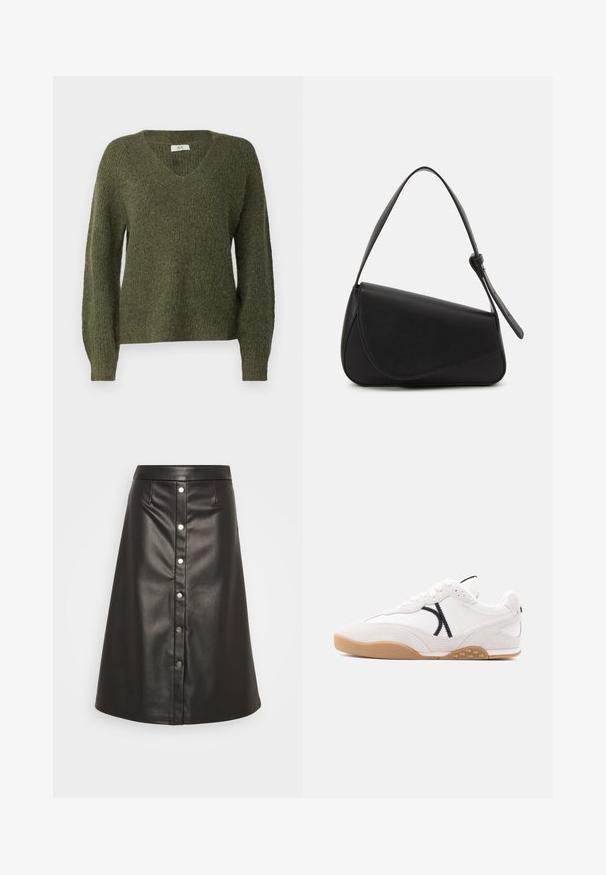 JDY JDYINGEBORG ADA LIFE V-NECK - Striktrøje - winter moss; Sort A-linje nederdel lavet af kunstlæder, med frontknaplukning med sølvfarvede knapper og struktureret talje.; Hvid sneaker med gummisål, sort syet mønster på siden, snørelukning og ruskindsdetaljer på tå og hæl.; Sort læderhåndtaske med en triangular form, skrå klap og et rundt håndtag. Har en glat overflade og minimalistiske design detaljer.