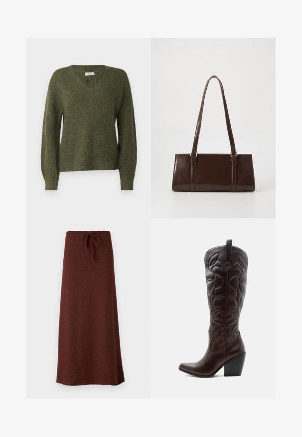JDY JDYINGEBORG ADA LIFE V NECK - Trui - winter moss; Bruine, lange, gebreide rok met een elastische taille. Gladde textuur, licht uitlopende design en een uniforme kleur zonder patronen of accenten.; Lange donkerbruine leren cowboylaars met gestikte decoratieve patronen, spitse neus en gestapelde blokhak.; Bruine lakleren handtas met een rechthoekige vorm, twee lange handvatten en subtiele gebogen accenten aan de voorkant.