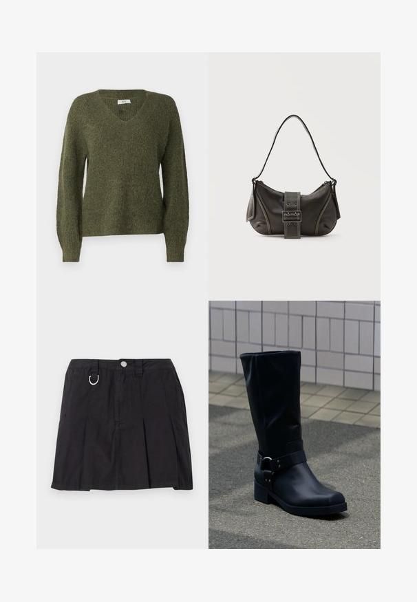 JDY JDYINGEBORG ADA LIFE V NECK - Jersey de punto - winter moss; Falda negra plisada de algodón, con cierre de botones en la parte delantera, lazos para cinturón y un acento en forma de D en la cinturilla.; Bota negra de cuero hasta la mitad de la pantorrilla con un tacón bajo de bloque y una correa decorativa con hebilla metálica alrededor del tobillo, sobre un pavimento de baldosas.; Bolso de hombro de cuero negro con detalle de correa con hebilla, bordes curvos y costuras blancas en contraste sobre un fondo liso.
