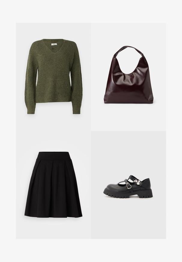 JDY JDYINGEBORG ADA LIFE V-NECK - Trui - winter moss; Zwarte geplooide rok gemaakt van zachte stof, met een hoge tailleband en een uitlopende A-lijn vorm, geschikt voor diverse gelegenheden.; Zwarte leren Mary Jane-schoenen met een ronde neus, verstelbare straps, een chunky rubberen zool en parelaccenten aan de zijkant.; Bordeaux, glanzende vegan leren totebag met een zachte, sculpturale vorm en een brede, gebogen handgreep voor makkelijk dragen.