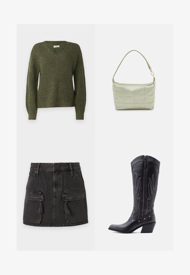 JDY JDYINGEBORG ADA LIFE V NECK - Trui - winter moss; Zwarte jeansrok met een aansluitende taille, twee voorste cargozakken en een vervaagde textuur. Voorzien van een knoopsluiting en riemlussen.; Zwarte leren cowboylaarzen met een puntige neus, zichtbare stiksels, zilveren studaccenten en een ritssluiting aan de binnenkant.; Gewatteerde groene schoudertas met een zachte textuur, rechthoekige vorm, enkele schouderriem en een ritsluiting in goudkleur. Voorzien van een gewatteerd patroon.