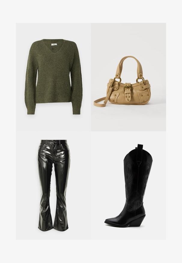 JDY JDYINGEBORG ADA LIFE V-NECK - Striktrøje - winter moss; GAP Petite Bukser - true black; Sort læder cowboystøvle med spidst tåparti, skråt blokhælhæl, dekorative sømme og trækstropper øverst mod hvid baggrund.; Beige læderhåndtaske med dobbelte håndtag, messing spænde og nitte detaljer samt en justerbar skulderrem mod en hvid baggrund.