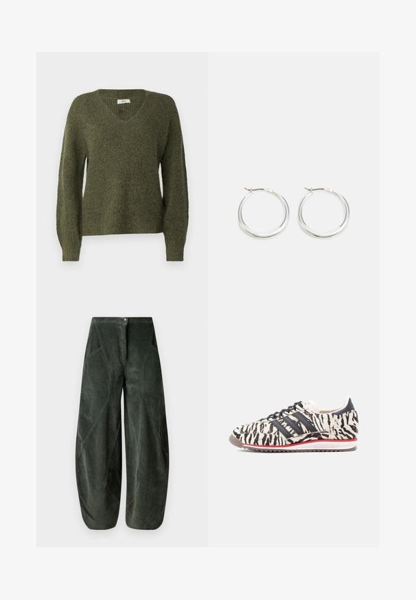 JDY JDYINGEBORG ADA LIFE V-NECK - Striktrøje - winter moss; Videbenede bukser i mørkegrøn kordfarvet stof med knaplukning og skrå sidelommer med en struktureret, ribbet mønster.; Sneaker med sort og hvid zebra-mønsterstof, tre sorte striber på siden og en rød accent på sålen. Tekstureret gummi ydersål.; Sølv hoops øreringe har et glat, afrundet design med en slank profil og sikker spænde. Minimalistisk stil med en poleret finish.