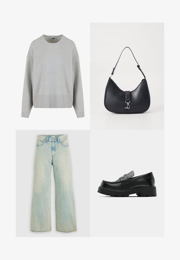 Pull en maille gris clair avec un col rond, des épaules tombantes et un ourlet côtelé. Texture douce et coupe décontractée.; Jean en denim bleu clair à jambes larges avec taille haute, effet délavé, design à cinq poches et jambes droites avec un ourlet brut.; Mocassins en cuir noir avec une semelle épaisse et texturée, dotés d'une sangle sur le vamp et d'une finition lisse et polie.; Pieces PCLIKA SHOULDER BAG - Sac à main - black