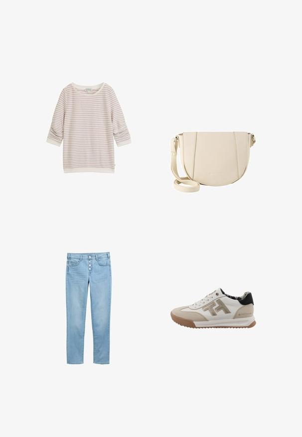 Lyserød stribet sweatshirt med trekvartærmer, rund halsudskæring og ribbede manchetter. Fremstillet af blødt stof med subtil tekstur.; Lyseblå denim jeans med en tætsiddende design, fem lommer og en knaplukning med fem synlige knapper. Glat tekstur og klassisk snit.; Hvid og beige sneaker med overdel i ruskind og læder, tekstureret gummisål og sort hælkappe. Har en fremtrædende logo på siden.; Crossbody taske i struktureret cremefarvet kunstlæder, halvcirkelformet, justerbar rem, minimal syning og diskret branding forneden.