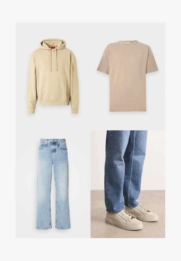 Beige Kapuzenpullover mit Kordelzügen und gerippten Bündchen, mit einem kleinen Logo auf der Brust und einem roten Etikett im Kragen.; Beiges Baumwoll-T-Shirt mit Rundhalsausschnitt, kurzen Ärmeln und dezentem, gedrucktem Branding auf der linken oberen Brust. Glatte Textur, minimalistisches Design.; Helle blaue weite Jeans mit hoher Taille, in verwaschenem Finish, mit Gürtelschlaufen und klassischem Fünf-Taschen-Design. Der Saum ist ungesäumt.; BOSS GARYTENN_SDHDEL - Sneaker low - natural ten