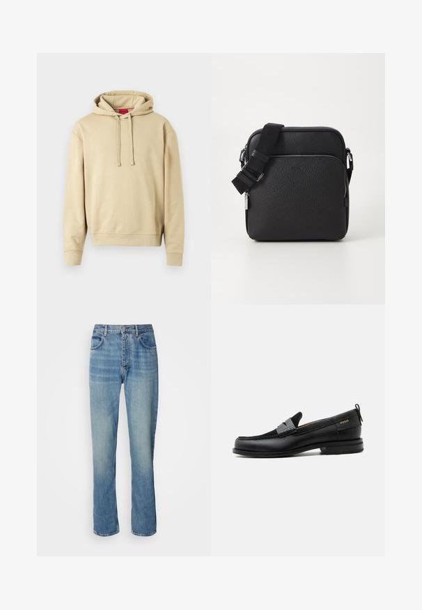 Sweat-shirt à capuche beige avec cordons de serrage et poignets côtelés, présentant un petit logo sur la poitrine et une étiquette rouge à l'intérieur du col.; Jean en denim droit bleu clair avec taille haute, fermeture par bouton et zip à l'avant, et design à cinq poches.; Mocassin en cuir noir avec détail de bride grise, talon bas et semelle texturée, marqué "HUGO" en or sur le côté.; Sac bandoulière en cuir noir avec une surface texturée, doté d'une poche zippée à l'avant, d'une bandoulière ajustable et d'accents en métal.