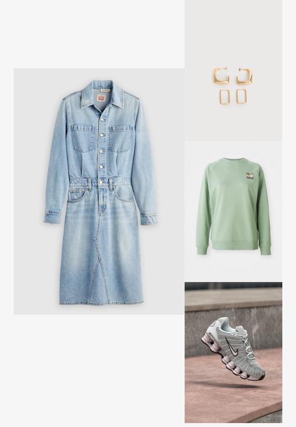 Grüne Sweatshirt mit Rundhalsausschnitt, gerippten Bündchen und Saum. Besitzt ein kleines florales Grafikdesign im oberen linken Brustbereich. Gleiche Textur.; Hellblaues Denimkleid mit durchgehender Knopfleiste, zwei Brusttaschen, langen Ärmeln und tailliertem Schnitt, der zu einem ausgestellten Rock führt.; Hellgrauer Nike-Sneaker mit schwarzem Swoosh-Logo, weißen Schnürsenkeln und markanter federartiger Sohle, der über einer Steinoberfläche schwebt.; Zwei Paare goldfarbener geometrischer Creolen auf einer schlichten weißen Oberfläche, ein Paar quadratisch und massiv, ein Paar rechteckig und hohl.