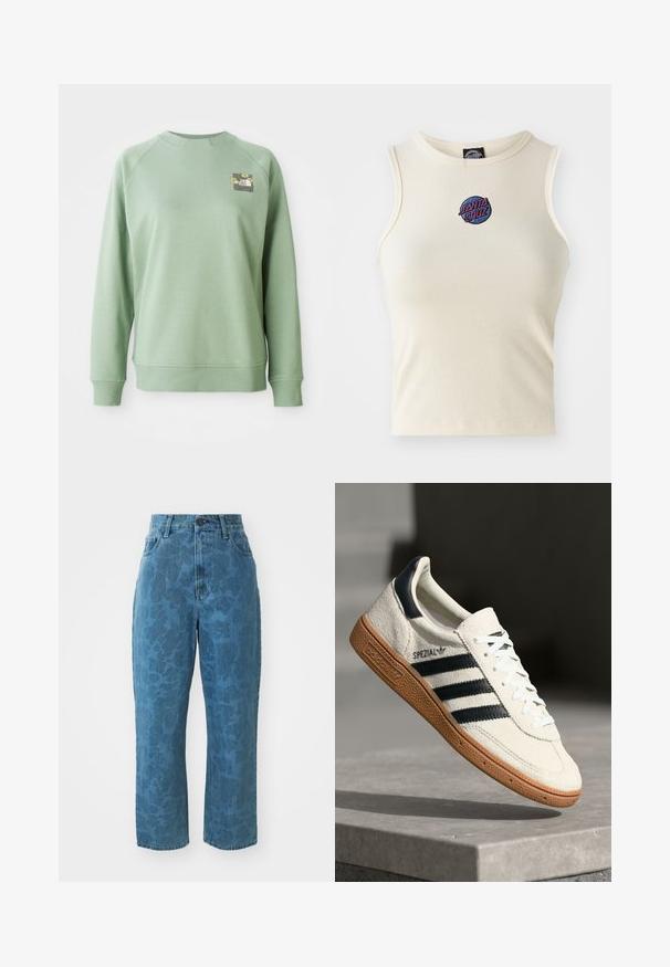 Grøn trøje med rund hals, ribbede manchetter og kant. Har et lille blomstermotiv på den øverste venstre brystområde. Glat tekstur.; Creme ribbet tanktop med rund hals og uden ærmer, med et broderet "Santa Cruz" logo i pink og blå på forsiden.; Lyseblå denim jeans med en subtil mønstret struktur, høj talje og lige ben. Har en frontlukning med knap og lynlås.; Hvide ruskinds sneakers med marineblå striber, gummisål, struktureret overdel, rund tå og snøring; har branding på siden og tungen.