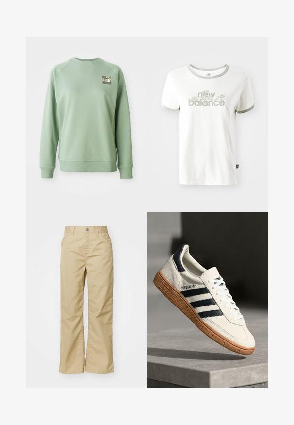 Grøn trøje med rund hals, ribbede manchetter og kant. Har et lille blomstermotiv på den øverste venstre brystområde. Glat tekstur.; Hvid bomulds T-shirt med grå kant, der har et blomstermotiv og teksten "new balance" i lys grøn. Korte ærmer, almindelig pasform.; Beige bomuldsbukser med brede ben og en glat tekstur, der har forlommer og en sølvknap i taljen.; Hvide ruskinds sneakers med marineblå striber, gummisål, struktureret overdel, rund tå og snøring; har branding på siden og tungen.