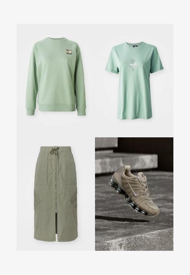 Grøn trøje med rund hals, ribbede manchetter og kant. Har et lille blomstermotiv på den øverste venstre brystområde. Glat tekstur.; Lysegrøn bomulds t-shirt med korte, rullede ærmer, prydet med et centralt grafik af en plante i en rund potte, logo på den nedre front.; Oliven grøn midi-skjørt lavet af letvægtsstof, med en front lynlås, elastisk talje og store sidelommer med vinkelformede klapper.; Beige Nike løbesko med sølvdetaljer og fjederlignende sål svævende over betontrin i dæmpet belysning.