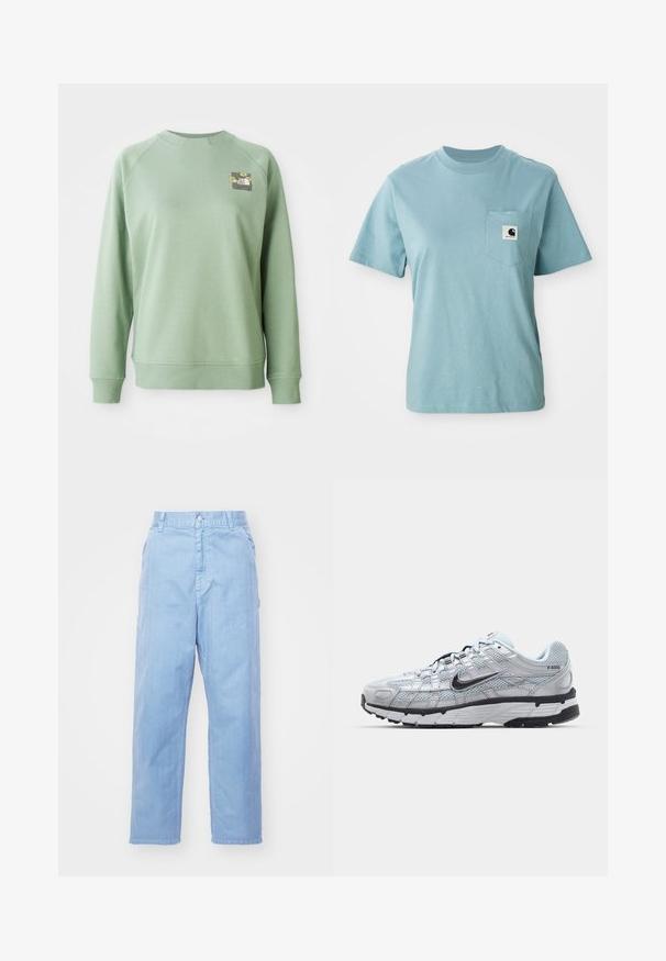 Grøn trøje med rund hals, ribbede manchetter og kant. Har et lille blomstermotiv på den øverste venstre brystområde. Glat tekstur.; Lyseblå kortærmet bomulds T-shirt med brystlomme og et lille sort-hvidt Carhartt logo patch.; Lyseblå denimbukser med lige ben-design, knaplukning og forlommer. Stof har en subtil tekstur med en glat finish.; Nike P-6000 sneakers med en lys grå mesh overdel, sorte accenter og en holdbar sort gummisål. Har et detaljeret design og snøresystem.
