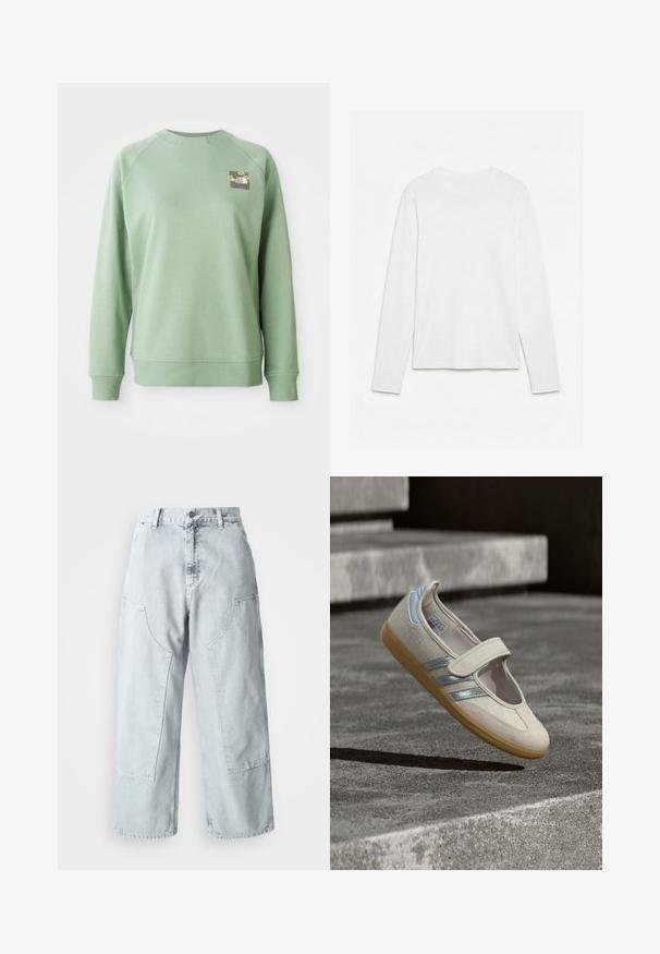 Grøn trøje med rund hals, ribbede manchetter og kant. Har et lille blomstermotiv på den øverste venstre brystområde. Glat tekstur.; Helt hvid langærmet t-shirt med rund hals lagt fladt på en hvid overflade, der viser fronten og hele ærmelængden.; Lys blå denim bred benbukser med store sidelommer, høj talje og løst fit. Slidte tekstur med en falmet finish.; Beige stofsko med elastisk rem, tekstureret overdel, sølv- og blå detaljer samt en sål i gummi med naturlig farve, vist mod en grå baggrund.