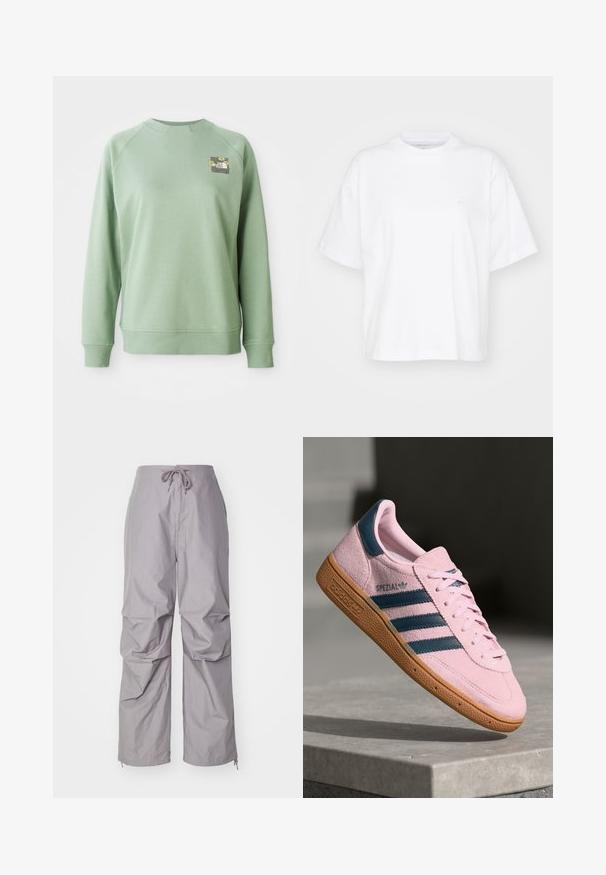 Grøn trøje med rund hals, ribbede manchetter og kant. Har et lille blomstermotiv på den øverste venstre brystområde. Glat tekstur.; Hvid bomulds t-shirt med rund hals, korte ærmer og en afslappet pasform. Har et diskret logo på venstre brystområde. Glat tekstur.; Grå, løstsiddende bukser lavet af letvægtigt stof, med snøre i taljen og tapered ærmer med lynlåse. Tekstureret finish.; Lyserød ruskindssneaker med marineblå tre striber, gummisål og lyserøde snørebånd. Har "SPEZIAL"-branding på siden.