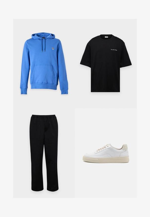 Sweat à capuche bleu manches longues avec poche avant, capuche à cordon et petit logo zèbre sur la poitrine gauche.; T-shirt en coton noir avec une coupe décontractée, des manches courtes et un logo blanc "FILLING PIECES" sur la poitrine gauche. Texture lisse.; Pantalons noirs mi-longs avec une taille élastique. Fabriqués en tissu lisse, présentant une coupe décontractée et sans poches ni embellissements visibles.; Sneaker blanche avec un dessus en cuir lisse, des lacets beige et un onglet de talon en daim beige texturé. Semelle surélevée pour une hauteur supplémentaire.