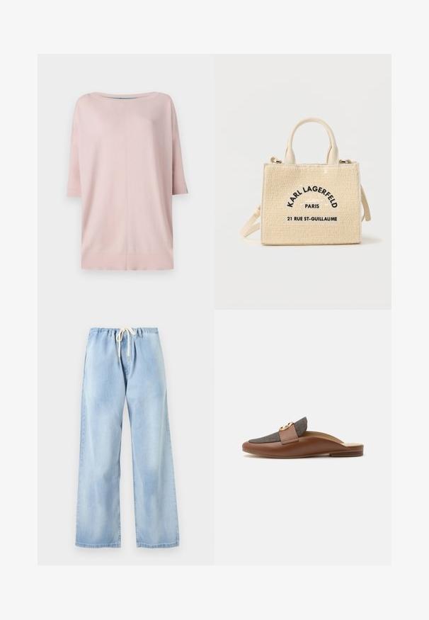 Diane von Furstenberg DIANE SWEATER - Trui - pink/light blue; Lichtblauwe denim broek met wijde pijpen, elastische tailleband en witte aantrekkoord, getoond op een effen achtergrond.; Bruine leren instapschoen met grijze stoffen bovenzijde en gouden decoratieve gesp, lage hak, zijaanzicht op witte achtergrond.; Beige geweven handtas met korte handvatten, verstelbare riem en de tekst "Karl Lagerfeld Paris 21 Rue St-Guillaume" in het zwart gedrukt op de voorkant.