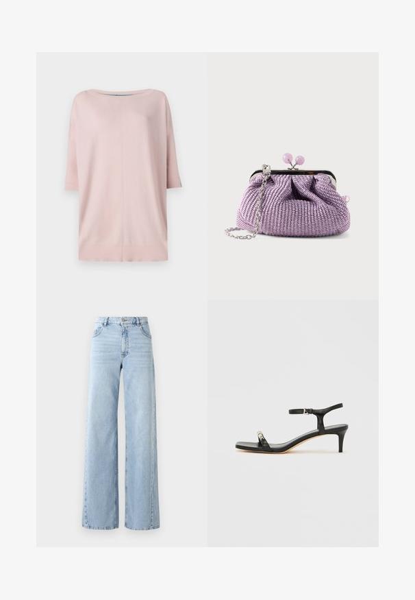 Diane von Furstenberg DIANE SWEATER - Strickpullover - pink/light blue; Weite helle blaue Jeans mit hoher Taille, fünf Taschen und ausgewaschenem Look. Verfügt über gesteppte Details und einen geraden Schnitt am Saum.; Schwarze Leder-Sandale mit Absatz und Knöchelriemen, offenem Zehenbereich, quadratischer Vorderseite und silbernen Metallakzenten. Eng anliegendes Design mit schlanker Silhouette.; Lavendelfarbene gewebte Clutch mit silbernem Metallrahmen, rundem lavendelfarbenem Verschluss und silbernem Kettenriemen vor einfachem hellem Hintergrund.