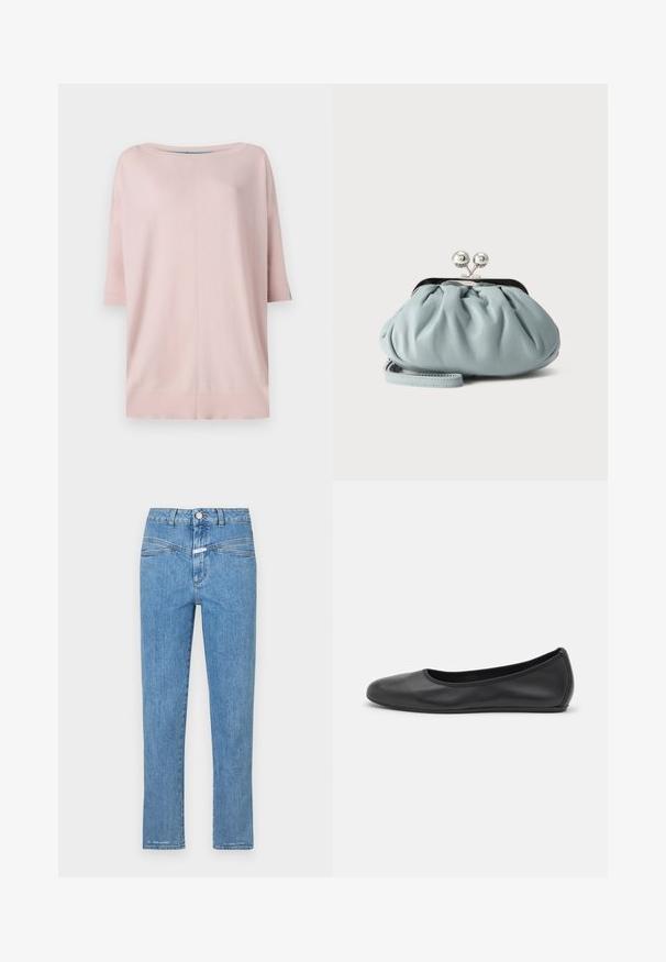 Diane von Furstenberg DIANE SWEATER - Pullover - pink/light blue; Jeans en denim bleu clair avec une coupe droite, cinq poches et une fermeture à bouton. Présente une texture légèrement délavée et un minimum de coutures.; Ballerines en cuir noir avec un bout rond, texture lisse, détails de couture minimalistes et design de semelle flexible.; Petit porte-monnaie en cuir bleu clair avec fermoir métallique argenté de type kiss-lock et court bracelet de poignet sur fond uni.