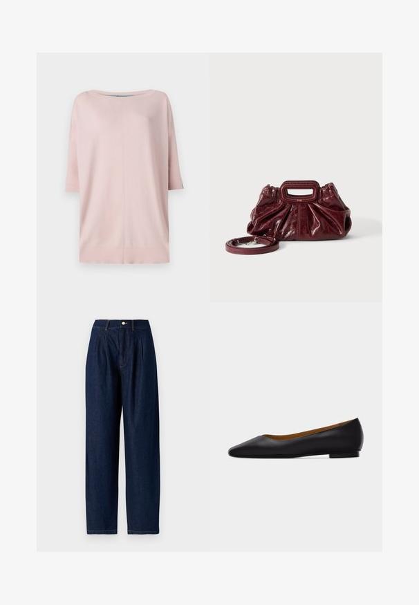 Diane von Furstenberg DIANE SWEATER - Strickpullover - pink/light blue; Dunkelblaue Jeanshose mit hohem Bund, weitem Bein, vorderen Falten, silberner Knopfverschluss und gelben Nähakzenten.; Schwarzer flacher Schuh aus Leder mit spitz zulaufender Vorderkappe, niedrigem Absatz und glatter Oberfläche, von der Seite vor einem hellgrauen Hintergrund dargestellt.; Kleine dunkelrote Ledertasche mit geraffter Textur, rechteckigem Handgriff mit Ausschnitt und abnehmbarem Schulterriemen auf weißem Hintergrund.