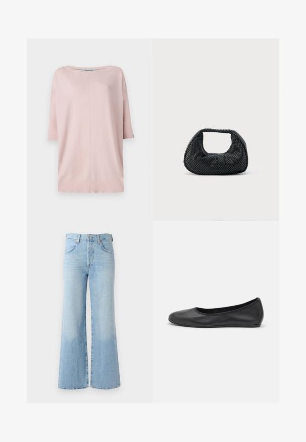 Diane von Furstenberg DIANE SWEATER - Pullover - pink/light blue; Jean flare en denim bleu clair avec une taille haute, cinq poches et un léger dégradé près de l'ourlet. Dispose d'une ceinture standard et d'une fermeture à bouton.; Ballerines en cuir noir avec un bout rond, texture lisse, détails de couture minimalistes et design de semelle flexible.; Sac hobo tissé noir avec une structure souple et une poignée intégrée, présenté sur un fond clair uni.