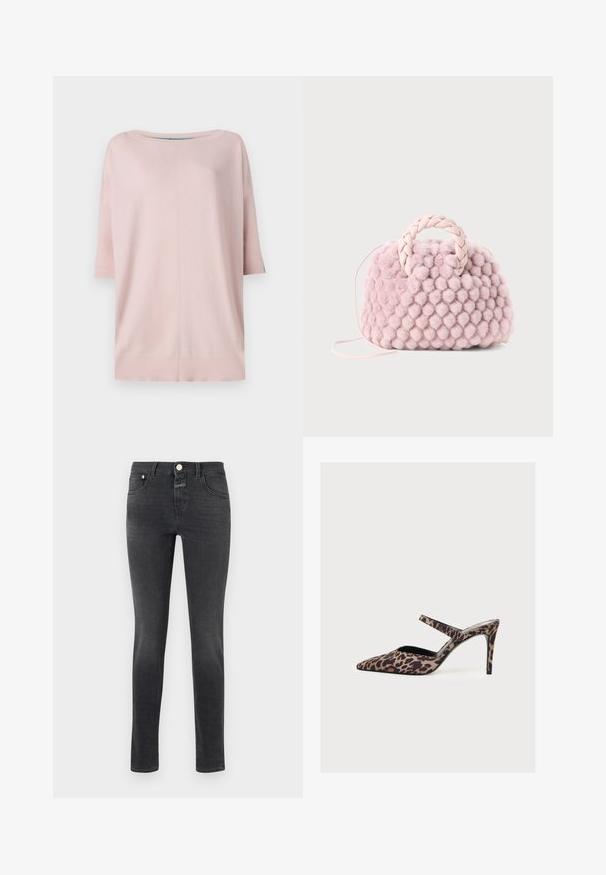 Diane von Furstenberg DIANE SWEATER - Trui - pink/light blue; Zwart slim-fit spijkerbroek met knopen en ritssluiting aan de voorkant, voor- en achterzakken, afgebeeld tegen een effen lichte achtergrond.; Hooggehakte mule met puntige neus, luipaardprint en een dunne band over de wreef.; Roze pompon textuur handtas met een gevlochten handvat en een dunne schouderriem. Ronde vorm, zachte oppervlakte, compact design.