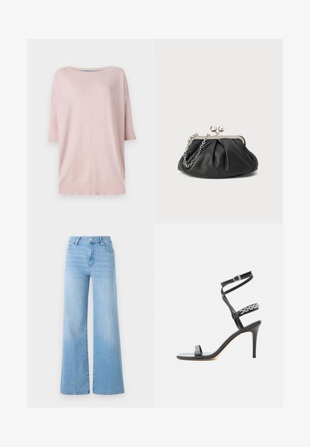 Diane von Furstenberg DIANE SWEATER - Neule - pink/light blue; FRAME Leveälahkeiset - blue; Mustat korkokengät, joissa on ohut nilkkahihna, keskijalan hihna koristeltu hopeisilla ketjulenkeillä ja avoin varvasosa.; Mustan nahkainen clutch, jossa on rypistetty rakenne, hopeanvärinen metallikehys, suukko-lukko ja ketjuhihna. Sileä, pehmeä pinta.