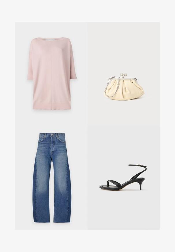 Diane von Furstenberg DIANE SWEATER - Svetrík - pink/light blue; Džíny z denimu v prechode farieb od svetlomodrej po tmavomodrú, s voľným širokým strihom, dizajnom s piatimi vreckami a viditeľnými stehovými detailmi.; Čierne kožené sandále pre ženy s tenkými remienkami, očkom na palec, prackou na členku a stredne vysokým ihličkovým podpätkom na neutrálom pozadí.; Zhlý béžový kožený klobúk so strieborným kovovým rámom, ktorý má dve okrúhle dekoratívne zámky a strieborný reťazový popruh.