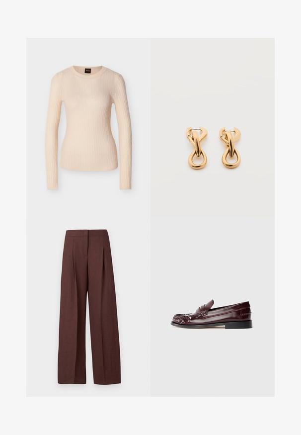 Pull beige en maille côtelée à manches longues avec col rond et silhouette ajustée, étiqueté avec une étiquette noire et orange "BOSS" au niveau du col.; Pantalon marron à jambes larges et taille haute avec plis devant et fermeture avant dissimulée, présenté sur fond blanc uni.; Mocassin penny en cuir bordeaux avec semelle noire et détail en métal doré sur le dessus, présenté en vue latérale sur fond blanc.; Paire de boucles d'oreilles créoles en bouclettes dorées brillantes sur fond blanc uni, présentant un design torsadé entrelacé.