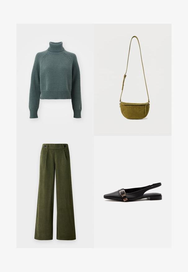 Pull en maille à col roulé en teal atténué. Caractéristiques : poignets et ourlet côtelés, design court et manches raglan avec des détails texturés.; Pantalons en velours côtelé à jambes larges de couleur vert foncé. Présentent une texture lisse, deux poches avant et deux fermetures à boutons à la taille.; Chaussure plate slingback en cuir noir avec bout pointu et détail de boucle dorée sur le côté, présentée sur un fond blanc uni.; Sac bandoulière en daim vert olive avec sangle réglable et poche avant zippée sur fond blanc uni.