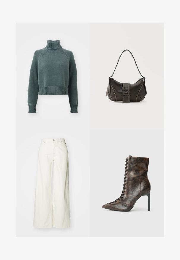 Pull en maille à col roulé en teal atténué. Caractéristiques : poignets et ourlet côtelés, design court et manches raglan avec des détails texturés.; Jean blancs à jambes larges en denim. Dotés d'une taille haute, d'une fermeture à bouton à l'avant et d'un design classique à cinq poches. Texture lisse, sans motifs.; Bottine en cuir marron avec un bout pointu et un talon aiguille haut. Présente un laçage à l'avant et une finition texturée avec un motif froissé.; Sac à épaule en cuir noir avec une sangle à boucle, des bords arrondis et des coutures blanches contrastées sur un fond uni.