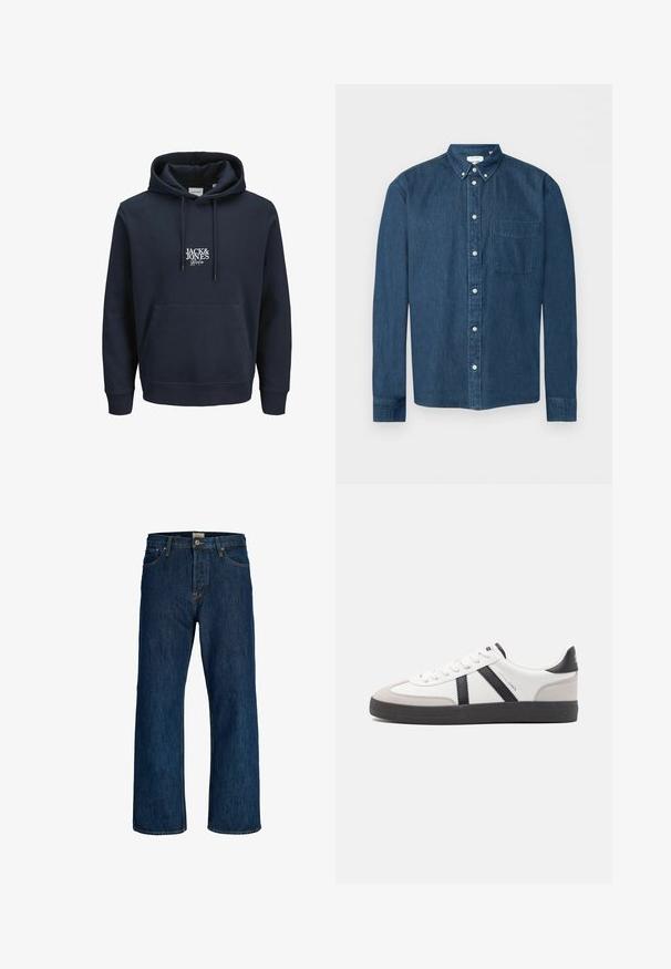 Hoodie bleu marine avec une capuche à cordon, poche kangourou à l'avant et logo brodé blanc "JACK & JONES" sur la poitrine. Matière douce.; Chemise en denim bleu foncé boutonnée, manches longues, une poche avant à gauche et un col boutonné, présentée sur fond blanc.; Jeans en denim bleu foncé à jambes droites, avec bouton à l'avant, fermeture éclair et design à cinq poches.; Baskets blanches avec des accents noirs et gris, présentant un embout texturé gris, une semelle en caoutchouc noir et des lacets plats blancs. Design épuré, style minimaliste.