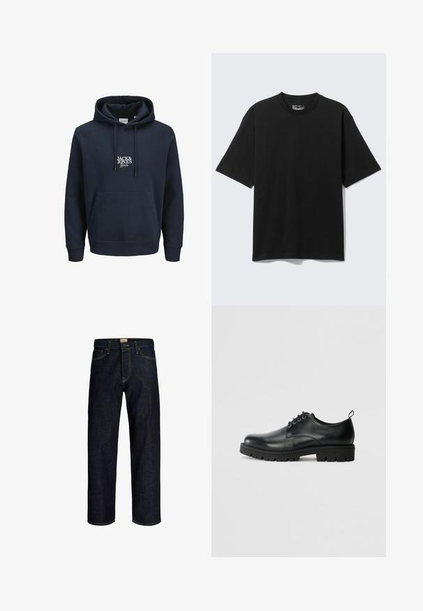 Hoodie bleu marine avec une capuche à cordon, poche kangourou à l'avant et logo brodé blanc "JACK & JONES" sur la poitrine. Matière douce.; T-shirt noir en coton à manches courtes et coupe décontractée, col rond, présenté sur un fond clair uni.; Jean droit bleu foncé avec coutures jaunes, fermeture à boutons et zip à l'avant, et design à cinq poches.; Chaussure en cuir noir à bout arrondi, présentant un design à lacets, une semelle en caoutchouc noire robuste et un petit onglet de talon à l'arrière.