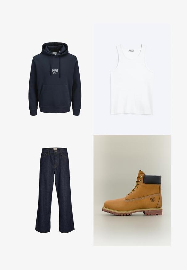 Hoodie bleu marine avec une capuche à cordon, poche kangourou à l'avant et logo brodé blanc "JACK & JONES" sur la poitrine. Matière douce.; Débardeur blanc sans manches avec col rond et étiquette de la marque Weekday à l'intérieur du col arrière, présenté à plat sur un fond clair.; Jeans en denim bleu foncé à jambes larges, avec une fermeture éclair à l'avant, cinq poches et des coutures contrastées. Les extrémités sont effilochées.; Bottine en cuir marron avec col noir, lacets jaunes et semelle beige. Présente un logo et des détails de couture blanche. Semelle extérieure à traction robuste.