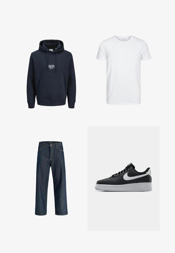 Hoodie bleu marine avec une capuche à cordon, poche kangourou à l'avant et logo brodé blanc "JACK & JONES" sur la poitrine. Matière douce.; T-shirt à col rond à manches courtes de couleur blanche unie, fabriqué en coton doux, avec un design simple sans motifs ni accents visibles.; Jean droit en denim bleu foncé avec poches avant, passants pour ceinture et fermeture par bouton, présenté sur un fond blanc.; Baskets en cuir noir avec surface texturée, swoosh Nike blanc, semelle grise, bout rond et design à lacets. Comprend des perforations sur la boîte à orteils.