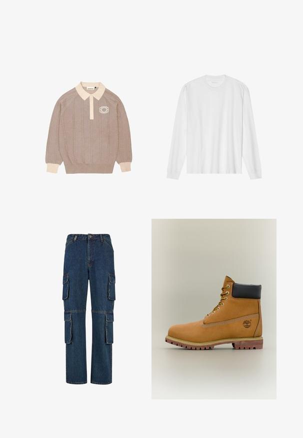 Beige strikket polo sweater med kabelstrik design, kontrasterende kremfarvet krave og manchetter, samt et broderet logo på venstre bryst.; Hvid, langærmet t-shirt i bomuld med rund hals, med ribbede ærmeafslutninger og en lige kant, glat tekstur og minimalistisk design.; Mørkeblå denim cargo bukser med flere sidelommer, lige ben-design og kontrasterende syninger. Holdbart stof med en klassisk pasform.; Brun læderankelstøvle med sort krave, gule snørebånd og tanfarvet sål. Har logo og hvide syninger som detalje. Robust ydersål med greb.