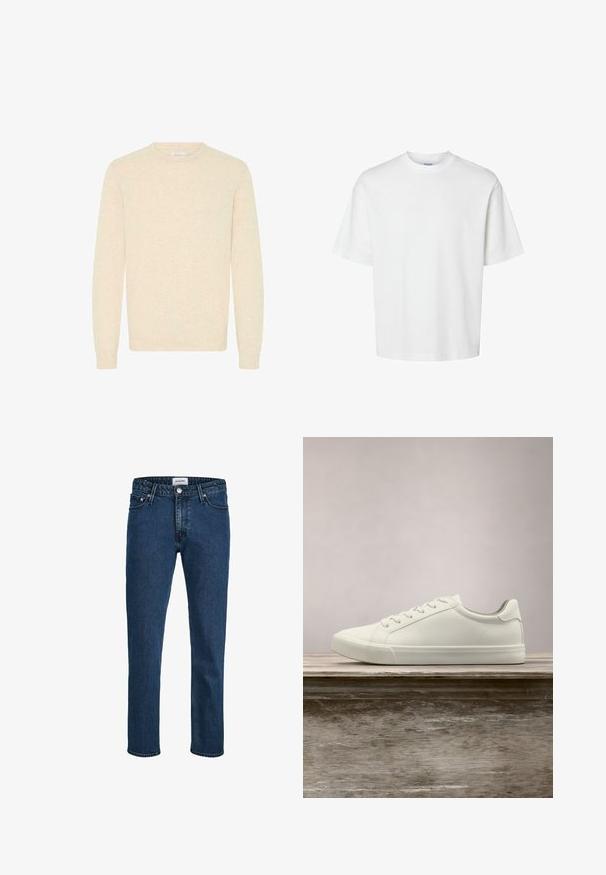 Lys beige sweater lavet af blødt strikstof, med rund halsudskæring og lange ærmer, samt ribbede manchetter og kant.; Enkel hvid t-shirt med korte ærmer, rund hals og løs pasform vist på hvid baggrund.; Mørkeblå denimjeans med lige ben, udstyret med fem lommer, en knaplukning og en diskret struktureret overflade.; Hvide snørresneakers svævende over en træbænk med grønne planter i baggrunden, der fremhæver skodesign og tekstur.