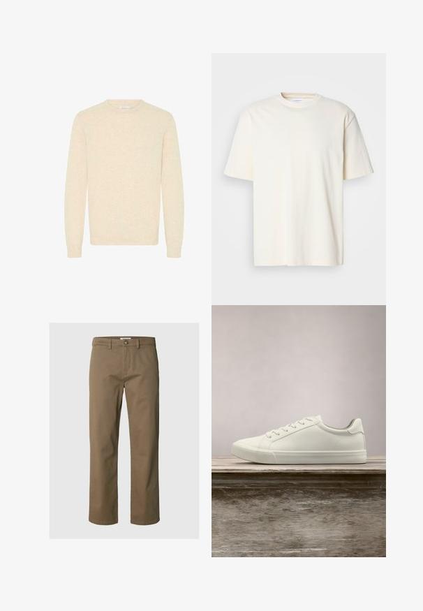 Lys beige sweater lavet af blødt strikstof, med rund halsudskæring og lange ærmer, samt ribbede manchetter og kant.; Lys off-white kortærmet T-shirt med rund hals, unisex design, præsenteret på en neutral grå baggrund.; Brune lige, afslappede bukser med bæltestropper og knaplukning ved taljen på en ensfarvet baggrund.; Hvide snørresneakers svævende over en træbænk med grønne planter i baggrunden, der fremhæver skodesign og tekstur.