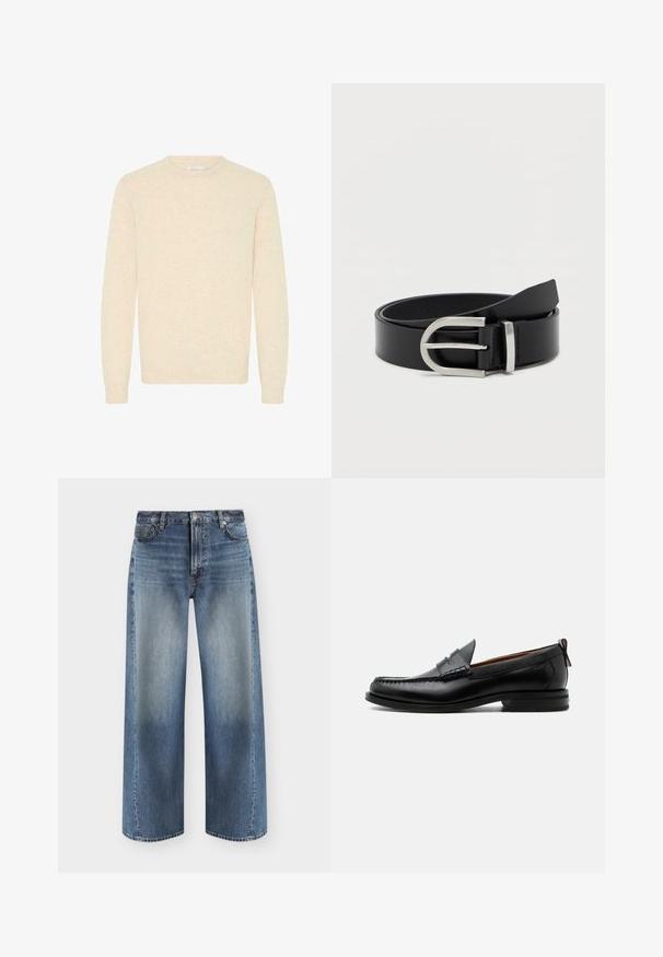 Lys beige sweater lavet af blødt strikstof, med rund halsudskæring og lange ærmer, samt ribbede manchetter og kant.; Blå jeans med lige ben og udvaskede forpaneler, fem-lommer stil, knaplukning og bæltestropper på hvid baggrund.; Sort læder herre loafer med moc-tå syning, penny strop, struktureret krave og lav stablet hæl på hvid baggrund.; Sort læderbælte med en glat overflade, der har en sølvmetalklausul og en klassisk rektangulær form.