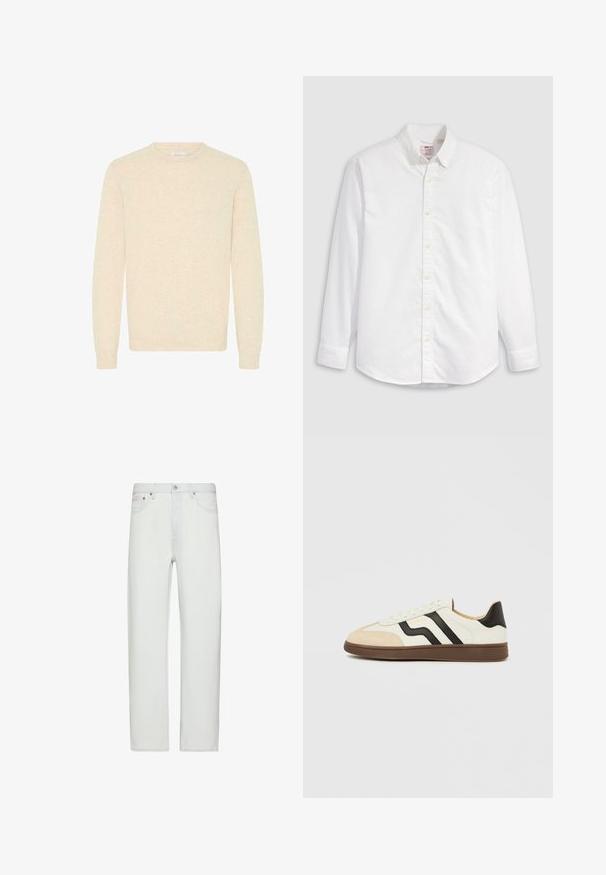 Suéter beige claro hecho de una suave tela de punto, con un escote redondo y mangas largas, y con puños y dobladillo acanalados.; Camisa blanca de algodón con botones, de manga larga, cuello con solapa y dobladillo curvado. Presenta botones amarillos y una marca sutil.; Vaqueros blancos de tiro alto y pernera recta con cierre frontal de botón y cremallera, trabillas para cinturón y bolsillos delanteros.; Zapatilla deportiva de cuero blanco con rayas negras y puntera de ante marrón claro. Suela de goma en marrón oscuro. Cordones y cuello acolchado completan el diseño.