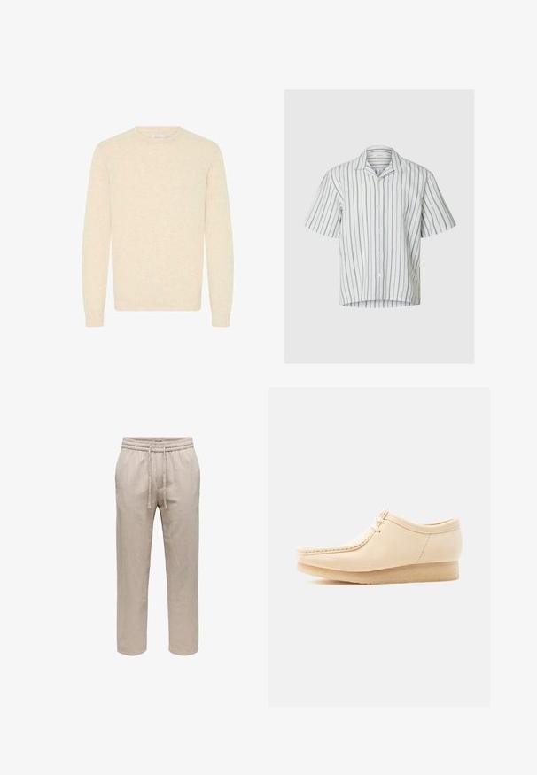 Suéter beige claro hecho de una suave tela de punto, con un escote redondo y mangas largas, y con puños y dobladillo acanalados.; Camisa blanca de manga corta con botones, con finas rayas grises verticales y cuello campestre sobre un fondo liso.; Pantalones casual de color beige con cintura elástica y cordón, corte recto y bolsillos laterales.; Zapato beige de ante con cordones, suela de crepé, costura tipo mocasín en la punta y tacón cuña bajo, mostrado desde el lado exterior sobre un fondo liso.