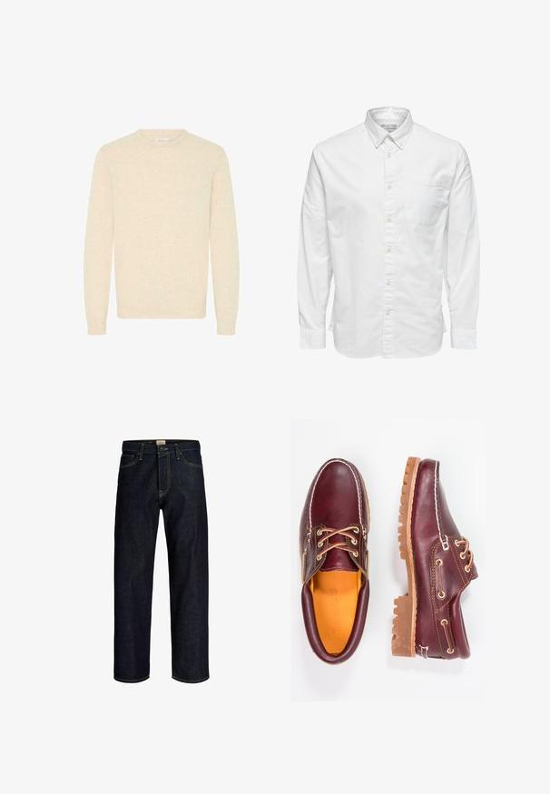 Suéter beige claro hecho de una suave tela de punto, con un escote redondo y mangas largas, y con puños y dobladillo acanalados.; Camisa blanca de manga larga con botones, cuello y bolsillo en el pecho, con la etiqueta "Selected Homme" en el interior del cuello.; Vaqueros azul oscuro de pierna recta con costuras amarillas, cierre frontal de botón y cremallera, y diseño de cinco bolsillos.; Zapatos de cuero burdeos con suelas de goma marrón, puntera redonda, costuras blancas y ojales dorados. El interior cuenta con un forro amarillo.
