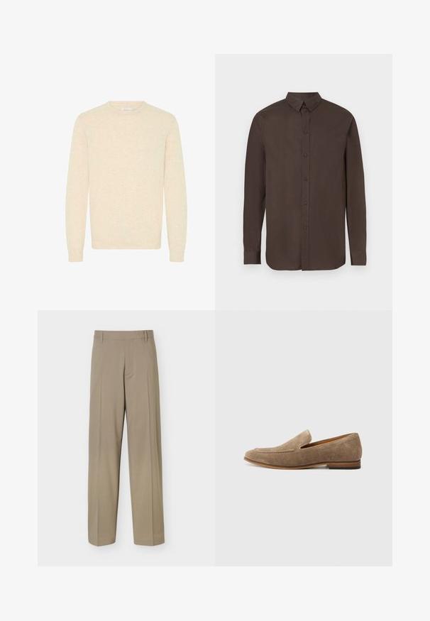 Lys beige sweater lavet af blødt strikstof, med rund halsudskæring og lange ærmer, samt ribbede manchetter og kant.; Brun langærmet skjorte med knapper og krave, med en glat tekstur og jævnt fordelte knapper foran.; Beige bukser med lige ben, bæltestropper og pressede folder, vist på en ensfarvet hvid baggrund.; Suedesko i lyst brunt med en syet design, flad sål og åbne sider for nem påføring. Gummisål for holdbarhed.